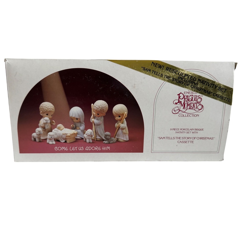 Vtg Precious Moments Nativity Set 9pc Porcelain Bisque 104000 with Cassette Tape